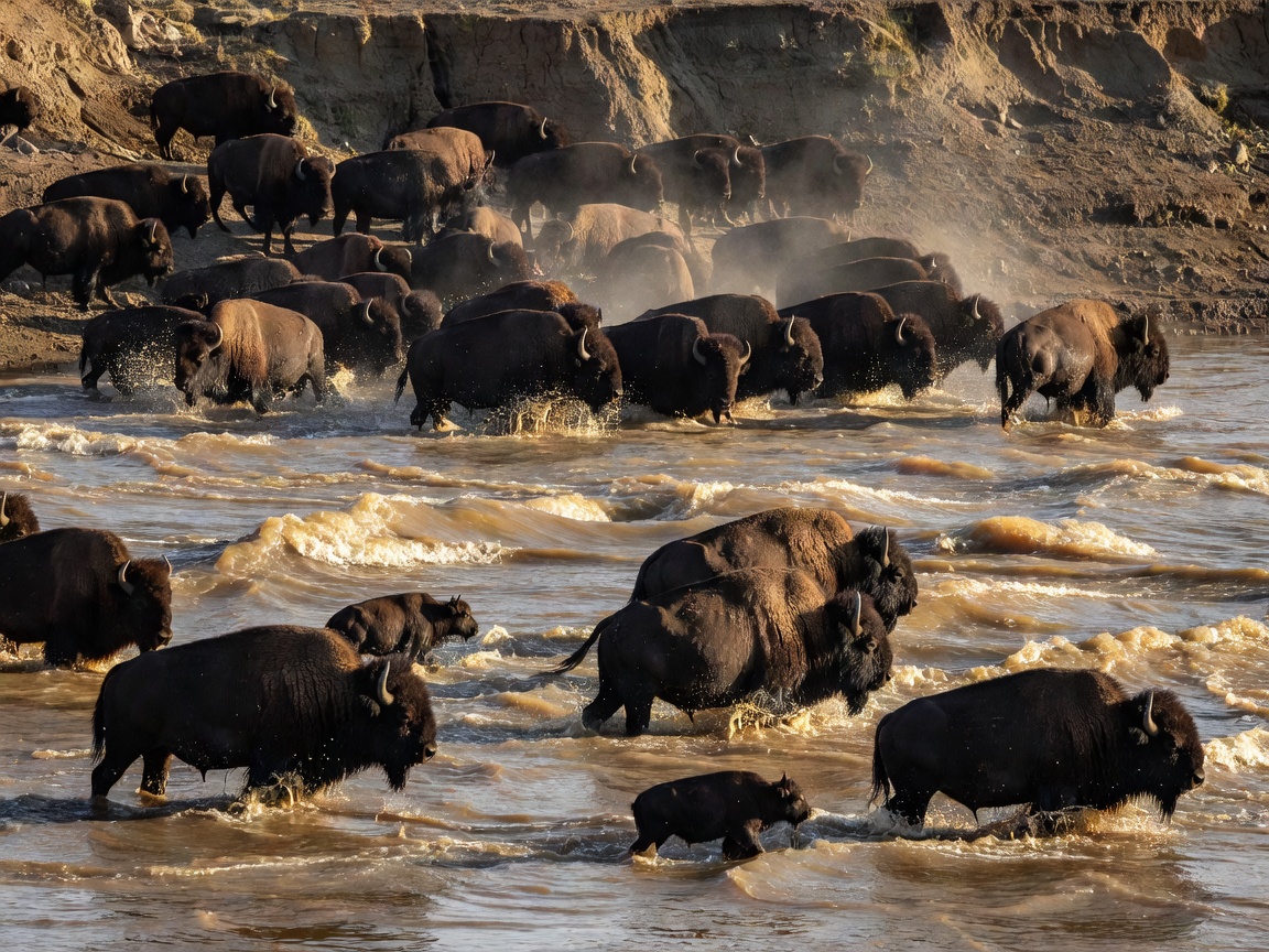 Buffalo herd crossing a river