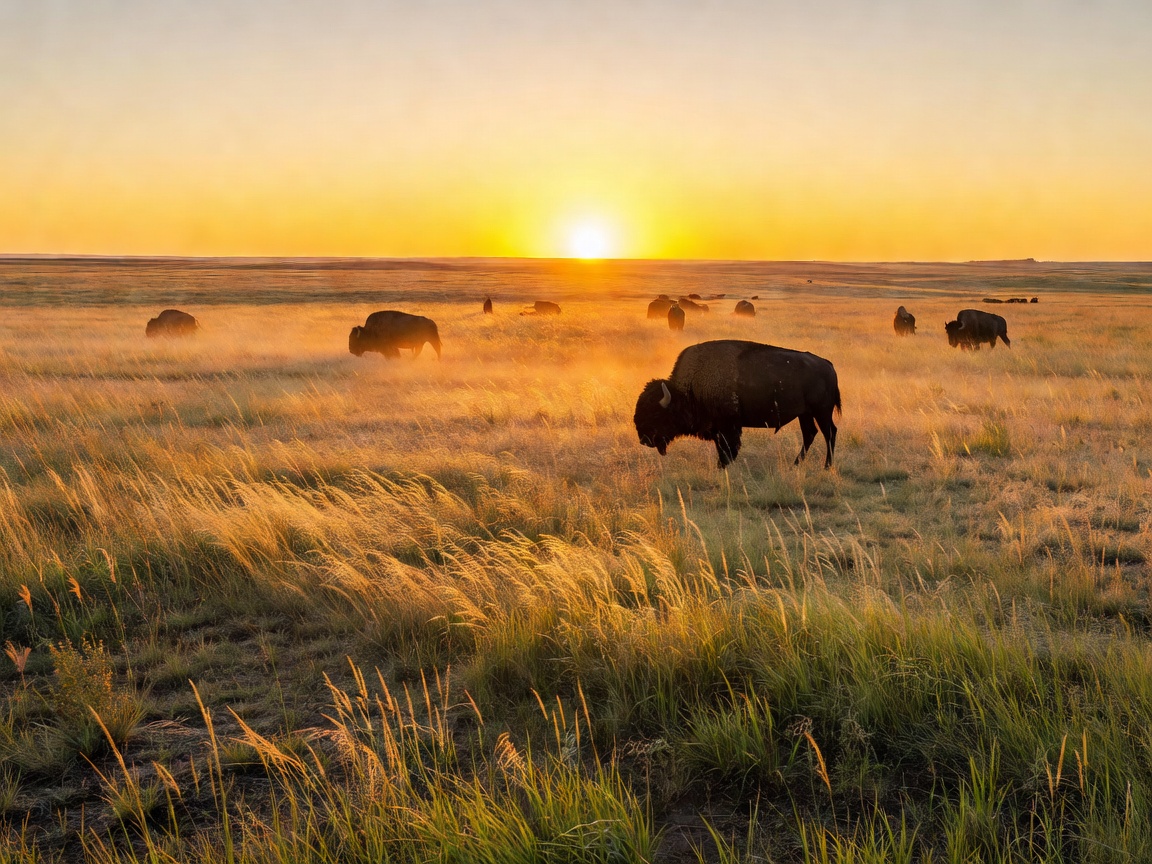 Golden sunrise across buffalo plains
