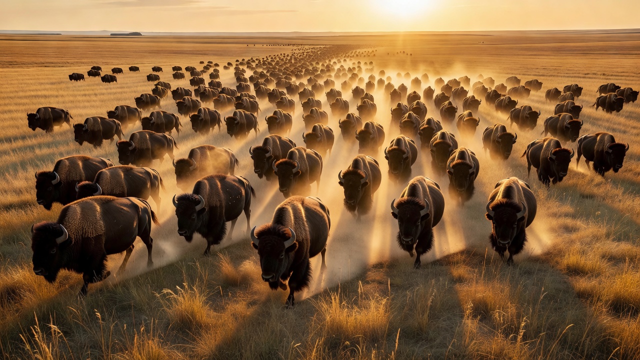 Massive buffalo herd moving through golden grasslands during sunrise